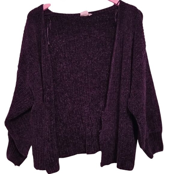 Velvet Purple Slouchy Open Chunky Knit Cardigan Sweater Soft Warm & Cozy Medium - Picture 1 of 14